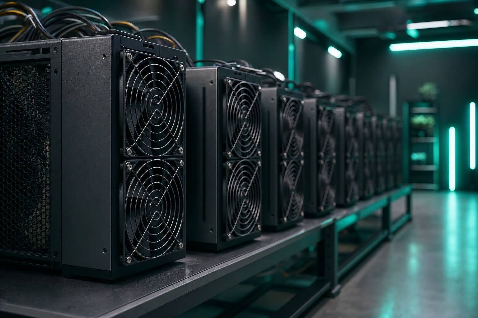 Row of dark industrial ASIC mining machines lit with teal and mint accent lighting