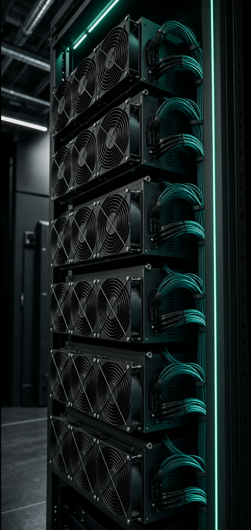 Vertical rack of stacked ASIC mining machines with teal accent lighting