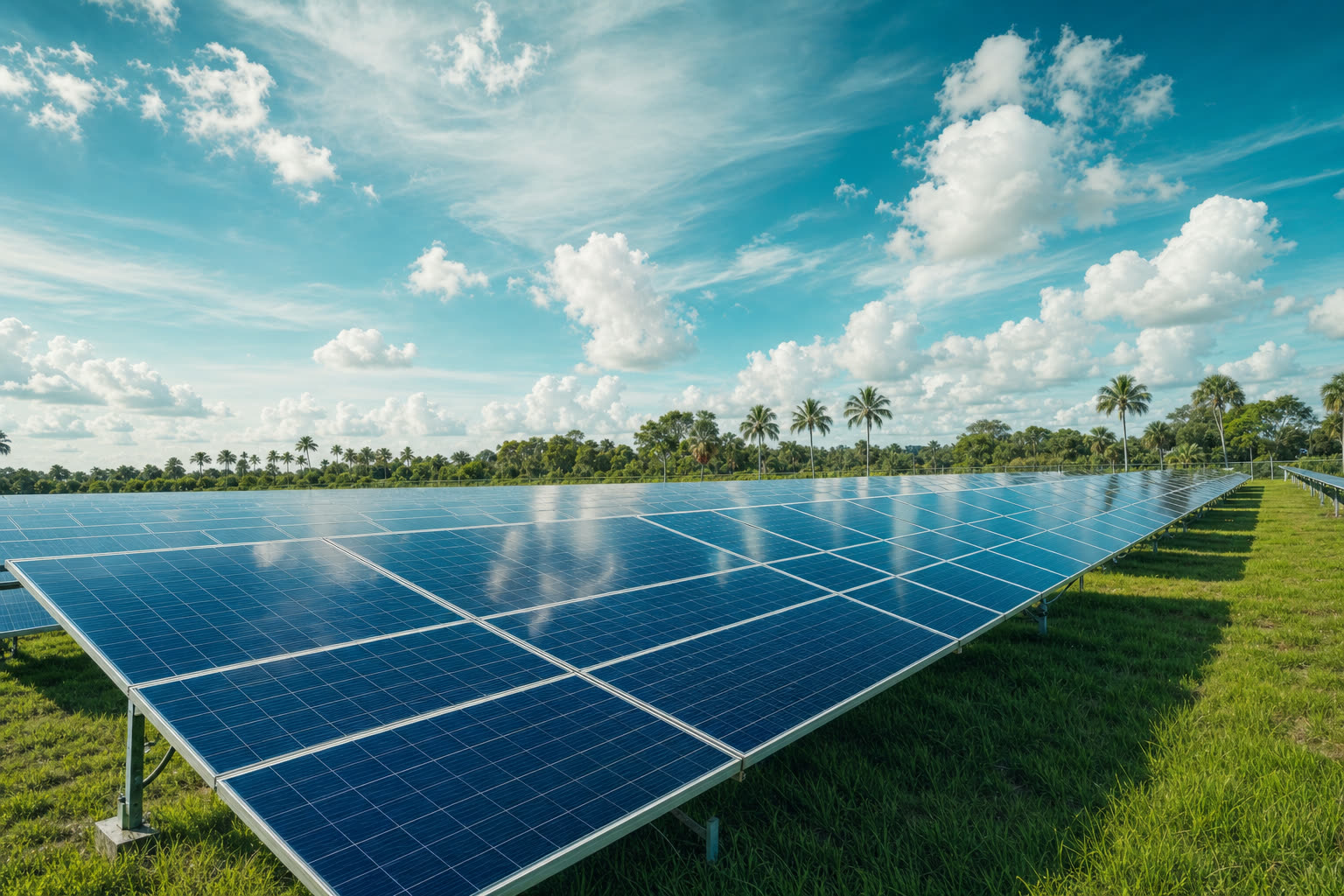 Wide rows of solar panels under a bright sky